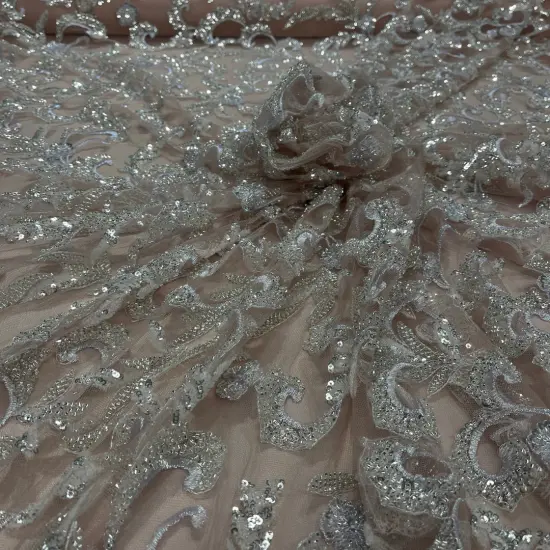 1 Yard Champagne Beaded Lace Fabric Embroidered on Polyester Mesh, 53" Wide Rose Gold {1}