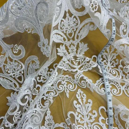 1 Yard Elegant Beaded and Corded Bridal Lace Fabric Embroidered on Polyester Net Mesh 51" Width Ivory with Silver {7}