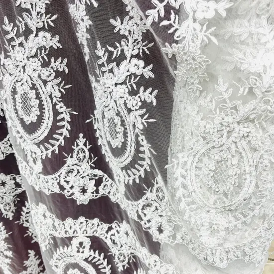1 Yard White Beaded & Corded Embroidered Lace Fabric, 100% Polyester Mesh, 48" Wide, Elegant Fabrication for Gowns & D&eacute;cor {3}