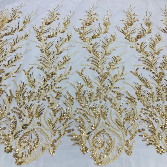 1 Yard Gold Beaded Lace Fabric Embroidered on Polyester Mesh, 51" Wide, Elegant Bridal & Formalwear Fabrication Ivory {2}