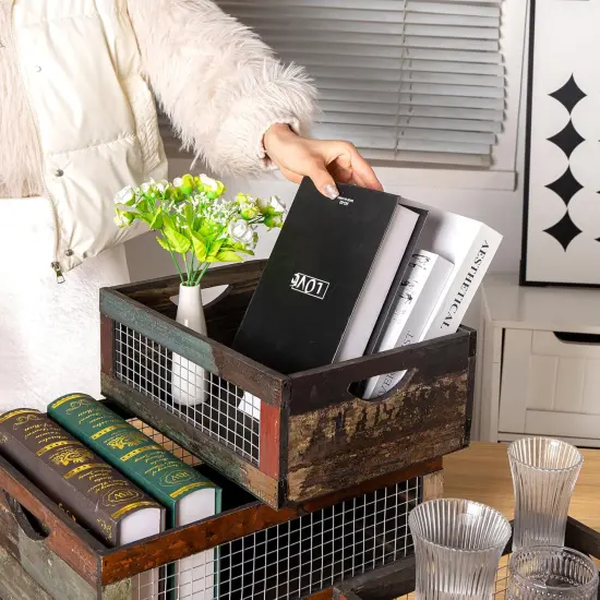 Set of 3 Rustic Wood Nesting Crates, Farmhouse Distressed Wooden Storage Boxes, Decorative Reclaimed Wood Organizer Baskets with Wire Mesh {5}