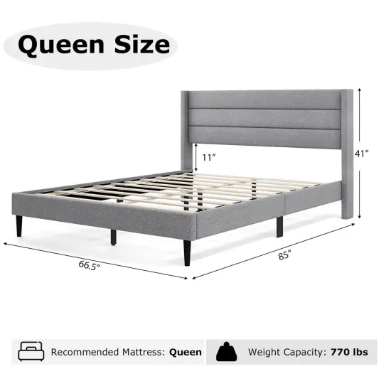 Costway Queen/Twin Bed Frame with Wingback Headboard Linen Upholstered Platform Bed Grey {3}