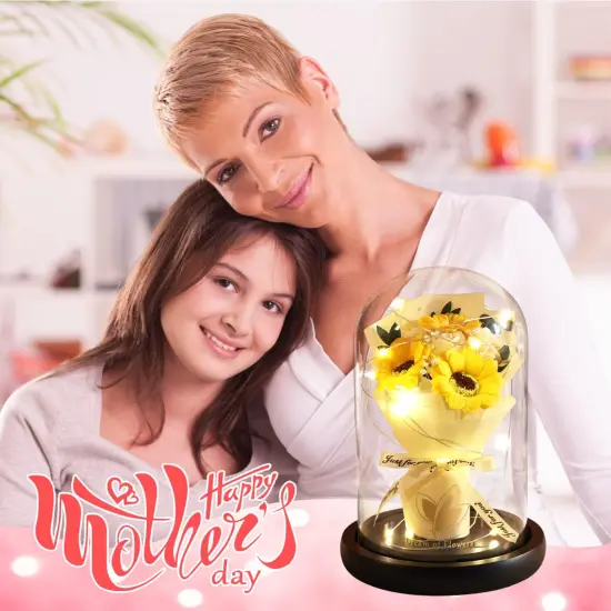 Mothers Day Sunflower Gifts for Mom,Flower Rose in Glass Dome with 2 Lighting Mode,Sunflower Gifts for Her,Artificial Forever Flowers Birthday Gifts for Women Mom Wife Girlfriend {4}