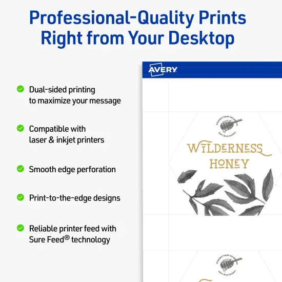 Avery Printable Hexagon Business Cards, Sure Feed Technology, 2-1/2" x 2-9/10", Matte White Cardstock, Print-to-The-Edge, Laser/Inkjet Printable, 60 Total {2}