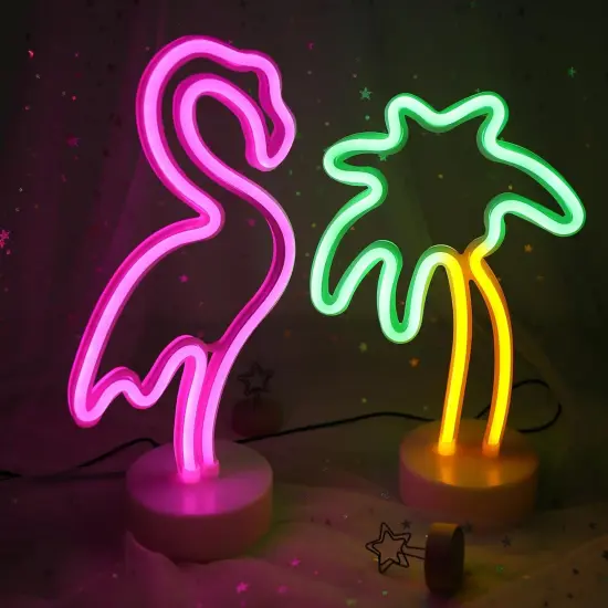 2 Packs Decoration Neon Signs Light Pink Flamingo and Green Palm Tree Neon Tabletop Decor Lights USB/Battery Powered Neon Lights for Bedroom Girls Kids Birthday Party Christmas - Flamingo & Palm Tree {2}