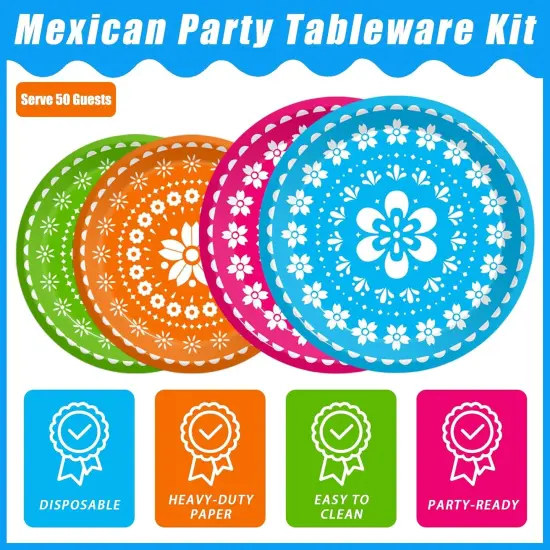 200Pcs Fiesta Party Plates, Mexican Cinco De Mayo Party Decorations Supplies Mexican Papel Picado Disposable Paper Plates Napkins for Taco Carnival Birthday Baby Shower Tableware, Serves 50 {3}