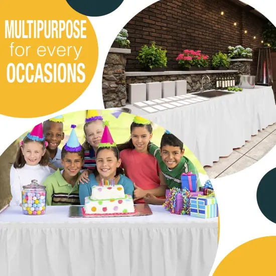 Ruffle Disposable Table Skirt 14 Ft Long Pleated Table Skirts with Adhesive Strip &ndash; Fits 6ft+ Rectangle or Round Tables &ndash; Ideal for Birthday Parties, Gender Reveal, Baby Showers & Event Decorations 6 pack by Exquisite White {5}