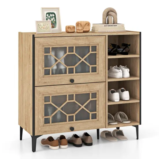 Rustic Shoe Cabinet with Flip-up See-through Doors and Adjustable Shelves-Oak {4}