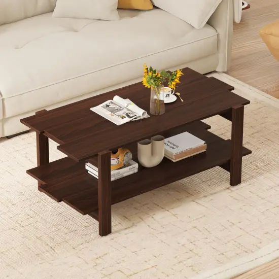 Walnut Engineered Wood 2-Tier Coffee Table with Slatted Shelf {2}