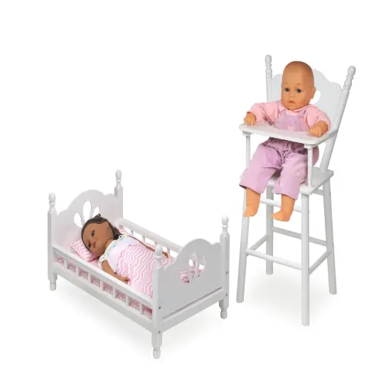 Badger Basket English Country Doll High Chair and Bed Set with Chevron Bedding and Free Personalization Kit - White/Pink {6}