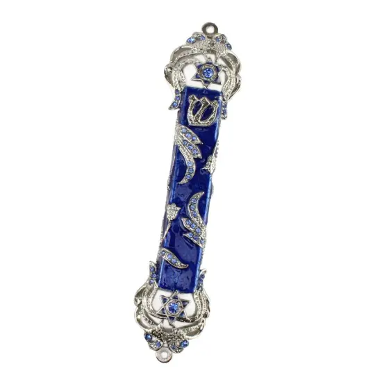 Metal Mezuzah Case Silver Blue White with Blue Crystal {1}