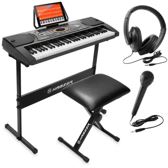 Hamzer 61-Key Electronic Keyboard Portable Digital Music Piano with H-Stand, Stool, Headphones, Microphone, & Sticker Set {1}