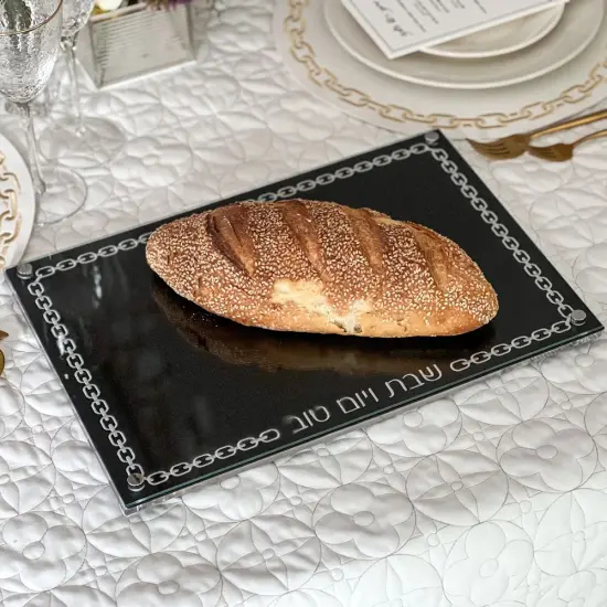 Glass Challah Board with Chain Design Embroidered Black Leatherette Silver Embroidery {4}