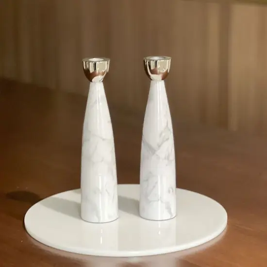 Grey Marble Candlesticks with silver Holders {2}