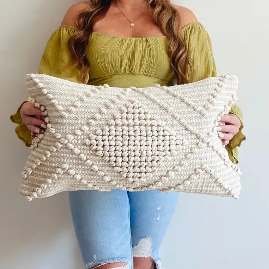 Boho Textured Woven Lumbar Pillow Cover &ndash; Handmade Beige 12x20&rdquo; Decorative Accent {2}