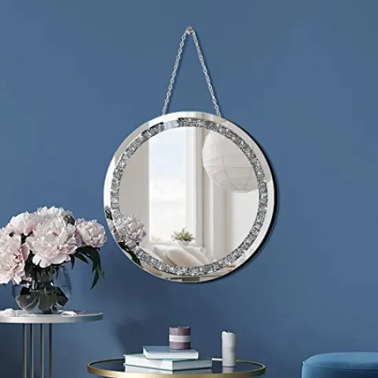 Crush Diamond 12 inch Wall-Mounted Mirrors with Iron Chain Home Decoration Round Silver Crystal Sparkling Decorative Mirror {1}