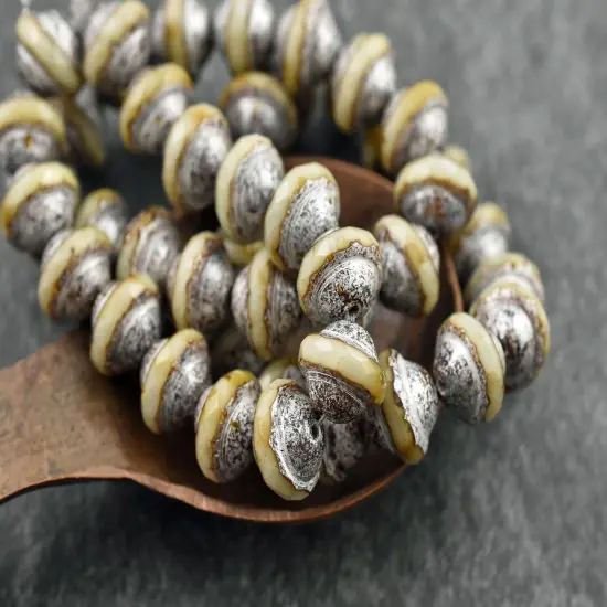 *15* 8x10mm Silver Picasso Washed Opaque Beige Saturn Beads {6}