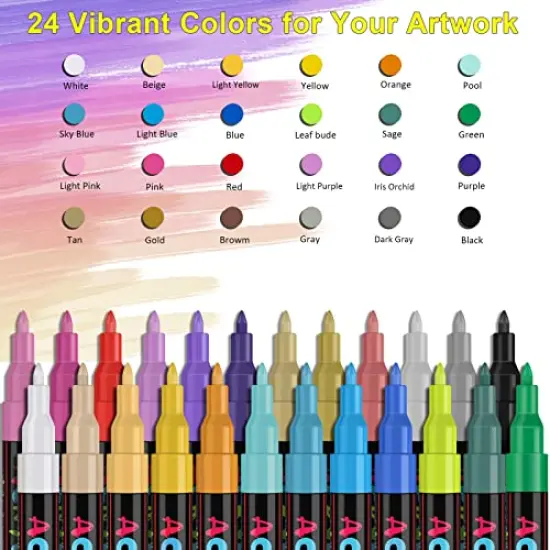 24 Colors Premium Extra Fine Point Acrylic Paint Marker Pens for Wood, Canvas, Stone, Rock Painting, Glass, Ceramic Surfaces, DIY Crafts Making Art Supplies {1}