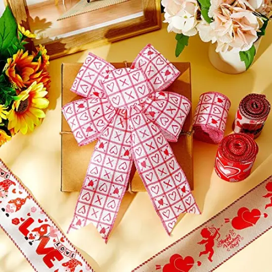 30 Yards Love Heart Ribbons Heart Pattern Wired Edge Ribbon Happy Valentine's Day Ribbons for Gift Wrap DIY Crafts Wedding Birthday Valentine's Day Party Decoration, 6 Rolls 2.5 Inch {3}