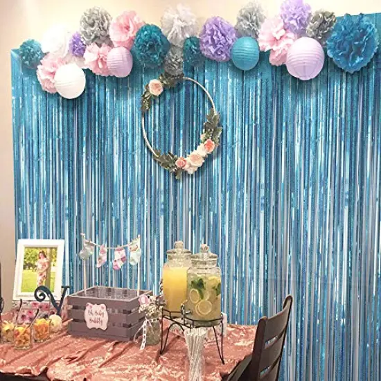 2 Pack 3.2 ft x 8.2 ft Teal Tinsel Foil Fringe Curtains Backdrop, Sparkle Metallic Foil Curtains for Birthday Party Decoration {4}