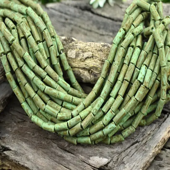 9x4mm Matte Green Turquoise Picasso Czech Bugle Beads - 20" Strand {1}