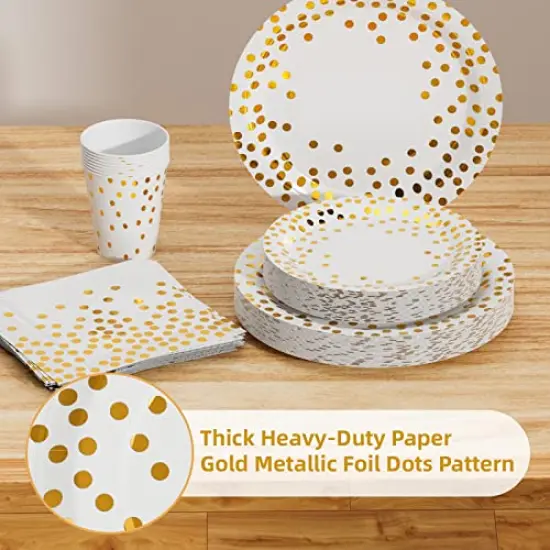 168 Pieces Pink and Gold-Pastel Party Supplies, Severs 24 Disposable Party Dinnerware Include Paper Party Plates, Cups, Napkins, Straw, Wooden Fork Spoon for Wedding,Christmas (White and Gold) {2}