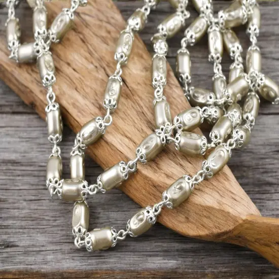 10x5mm Czech Glass Satin Taupe Pearl Chain w/ Bright Silver -- Sold by the foot {1}