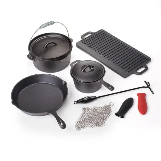 Lehman's Campfire Cookware Set, Cast Iron Stew Pot, Skillet, Dutch Oven with Rack and Lid Lifter, Reversible Grill and Scrubbers {3}