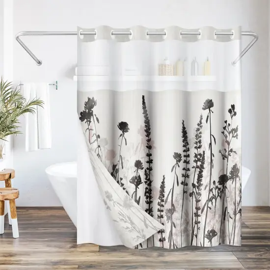 Americanflat 72x75 Hookless Shower Curtain - Floral Cream and Red Shower Curtain with Sheer Panel, Snap-In Liner, and Grommets - 100% Polyester {1}