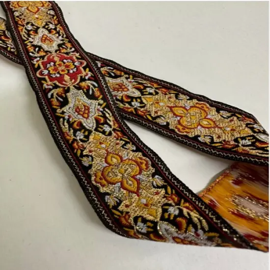 1" Jacquard Woven Metallic Ribbon Trim - 10 Continuous Yards! Black/red/gold {3}