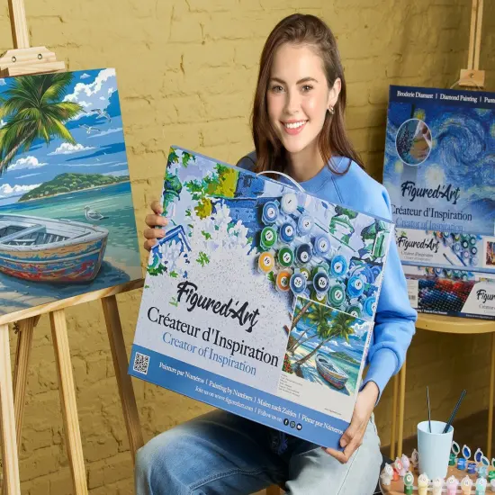 Figured'Art Paint by Numbers for Adults with Frame Boat under the Coconut trees 16"x20" - Craft Art Painting DIY Kit Canvas Already Stretched on a Wooden Frame {2}