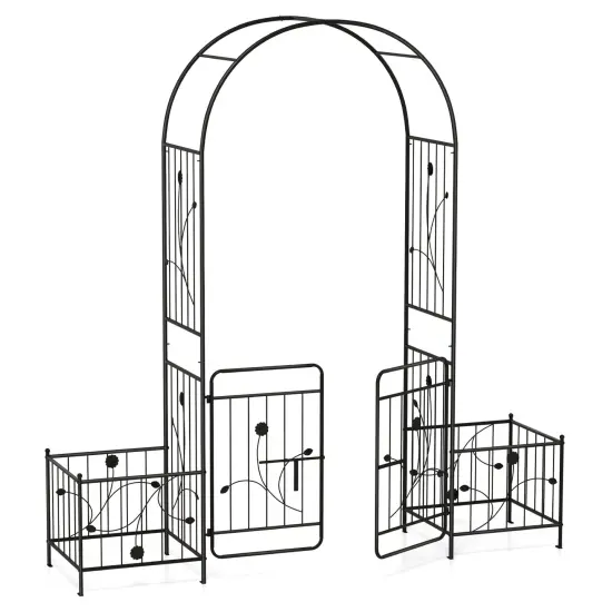 87 Inches Black Garden Arbor with 2 Side Planters and 2 Lockable Door Gate Perfect for Any Decoration {1}