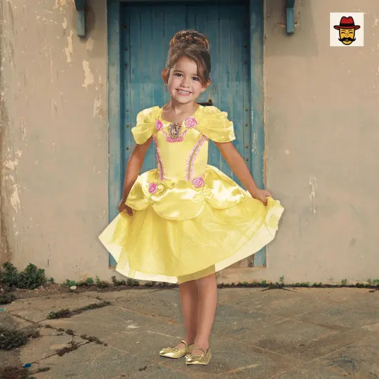 Girls Belle Costume Yellow Dress Pink Rosettes Sparkling Skirt Character Cameo Yellow, Pink {4}