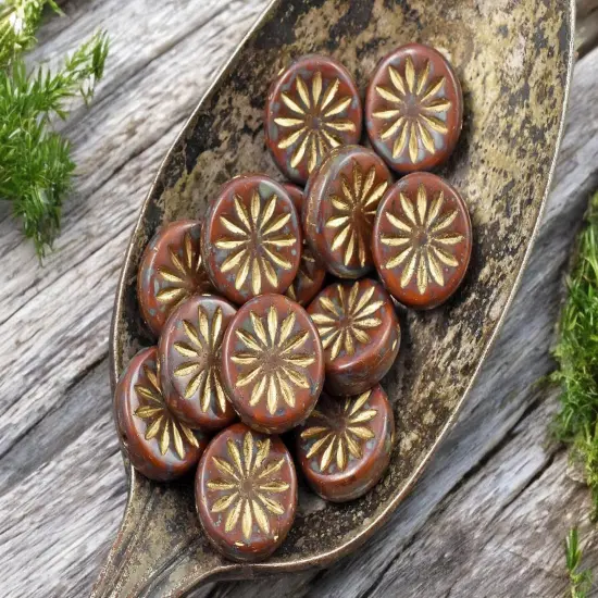 *15* 12mm Gold Washed Opaque Orange Picasso Aster Flower Coin Beads {4}