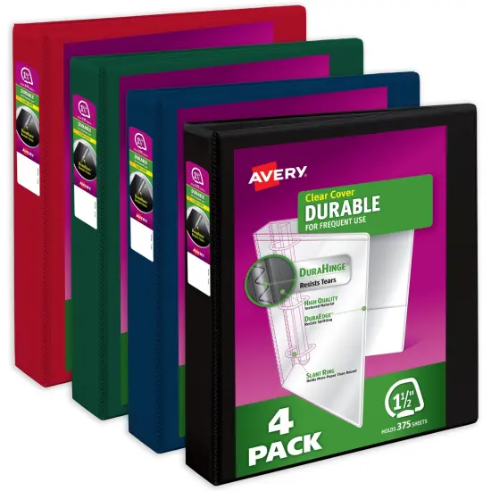 Avery Durable View 3 Ring Binders, 1.5 Inch Slant Rings, 375-Sheet Capacity, DuraHinge, 2.1 Inch Wide Spine, Customizable Clear Covers and Spine, Assorted Dark Colors (4-Pack of 05622) {1}