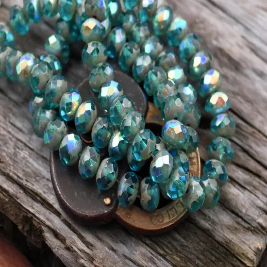 *25* 6x8mm Pacific Blue AB Picasso Fire Polished Rondelle Beads {4}