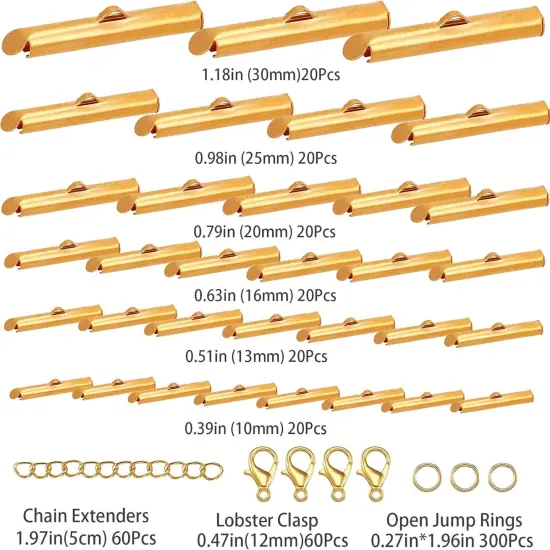 All Size Slider Clasp for Beading Slide Tube Cord for Jewelry Making (Gold) {2}