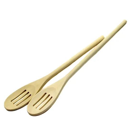 Chef Craft 2pc Solid Maple 12" & 14" Long Wooden Kitchen Mixing Slotted Spoon Set {1}