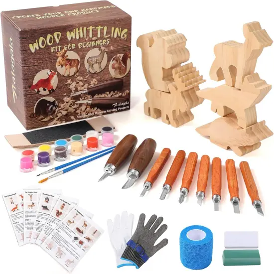 Wood Carving Kit Forest Animals Wood Whittling Kit for Beginners Adults Kids,Wood Carving Tools Set with Whittling Knife and K2 Carbon Steel Wood Carving Knife and 5Pcs Big Basswood Wood Blocks {1}