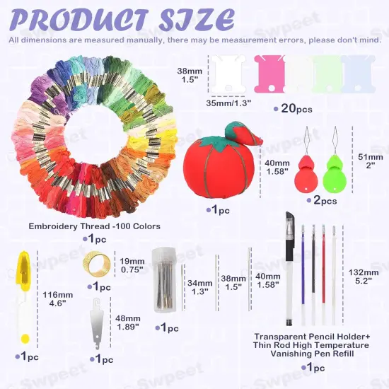 212Pcs Embroidery Kit, Stitch Kits Include 100 Colors Threads, Aida Cloth, Sewing Pins, Floss Bobbins, Embroidery Needles, Bamboo Embroidery Hoops, The Shell of a Pen with Erasable Refill {3}