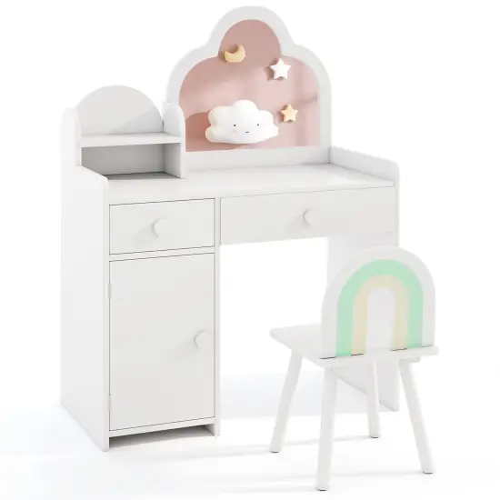 Kids Vanity Set, Cloud Shape Mirror, Storage and Pine Wood Stool White {7}