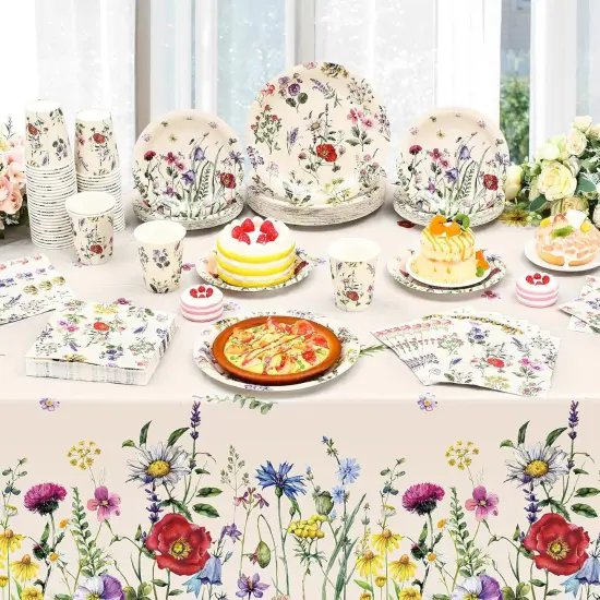 202 Pcs Widflower Party Decoration Supplies Floral Paper Plates Napkins Cups Butterfly Wildflower Tablecloth for Summer (Widflower 3,Retro) {3}