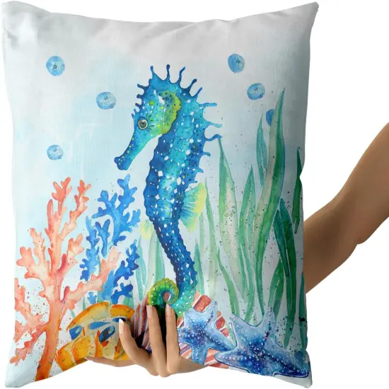 Coastal Ocean Pillow Covers Set of 2-18"x18" Sea Turtles Seahorse Decorative Throw Pillow Cases- Watercolor Marine Animals Double Sided Square Cushion Covers for Sofa Couch Bed Car {2}
