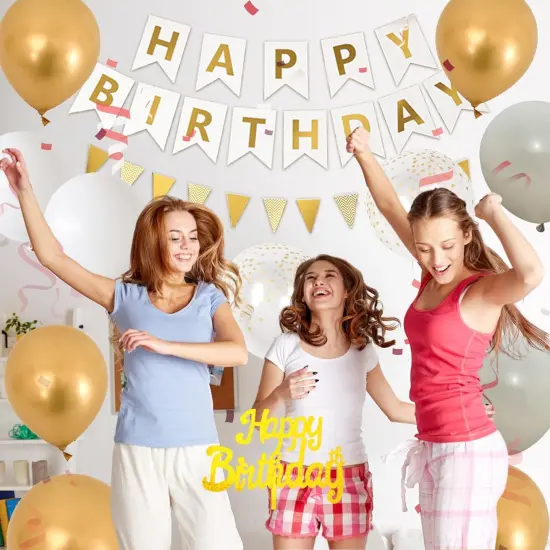 White Gold Birthday Decorations, White Cream Sand Beige Happy Birthday Decorations With Latex Helium Balloon Champagne Fringe Curtain Cake Topper Triangle Flag Banner For Girl Woman Party Supplies {4}