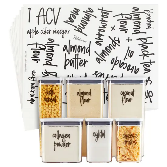 Talented Kitchen 170 Keto Kitchen Pantry Labels for Food Storage Containers, Removable Black Script on Clear Stickers for Organizing Ingredients (Water Resistant) {1}