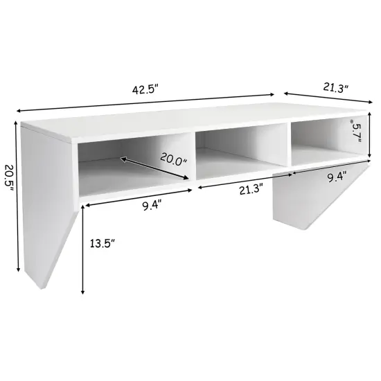 Wall Mounted Floating Sturdy Computer Table with Storage Shelf and Three Compartments Below Desk White {6}