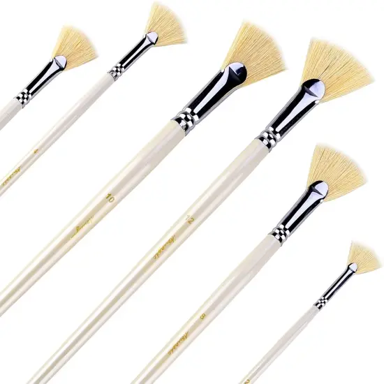 Fan Brush Set - Hog Bristle Natural Hair - Artist Soft Anti-Shedding Paint Brushes for Acrylic Watercolor Oil Painting, Long Wood Handle with Case, Set of 6 {1}