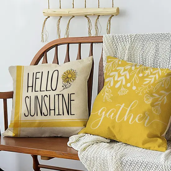 Hello Sunshine Decorative Throw Pillow Cover 20 x 20 Set of 4, Spring Summer Yellow Daisy Floral Flower Porch Patio Outdoor Pillowcase, Just Bloom Gather Sofa Couch Cushion Case {4}