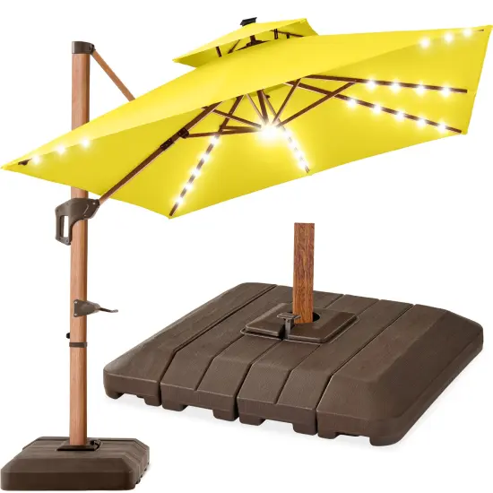 Best Choice Products 10ft Square Woodgrain Pattern 2-Tier Outdoor Solar LED Cantilever Umbrella w/ Base Yellow {1}