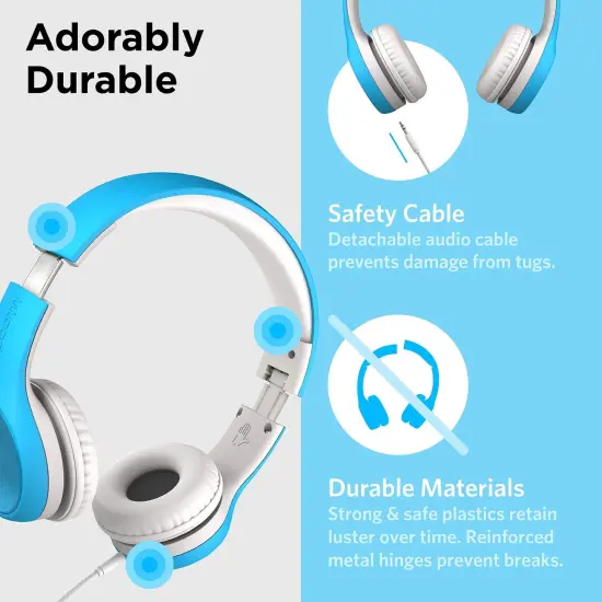 LilGadgets Connect+ Style On-Ear Kids Headphones with Microphone - SharePort Technology, SoftTouch Padding, Detachable Cable, Noise Reduction, Durable & Adjustable - Blue, Ages 3-14 {3}